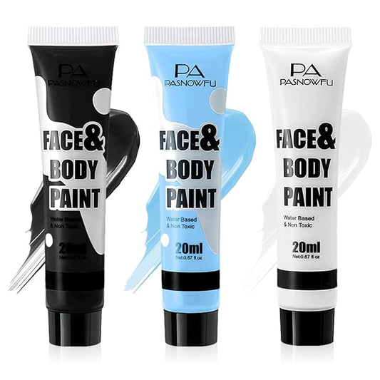 Black White Light Blue Face Paint - Water-Based Non-Toxic Face Body Paint Kit for Skeleton Ghost , Full Coverage Washable Formula for Halloween Cosplay ,Costume Parties, Stage Performances