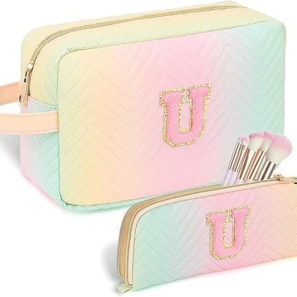 Personalized Initial Makeup Bag Waterproof Leather Cosmetic Bag Travel Toiletry Bag, Valentine’s Day Gift Makeup Organizer Case & Makeup Pouch for Women Teen Girls Mom Girlfriend Wife