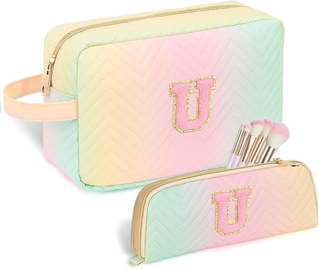 Personalized Initial Makeup Bag Waterproof Leather Cosmetic Bag Travel Toiletry Bag, Valentine’s Day Gift Makeup Organizer Case & Makeup Pouch for Women Teen Girls Mom Girlfriend Wife