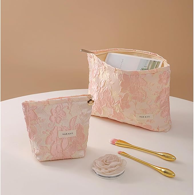 2 Pcs Makeup Bags, Large Cosmetic Bag Travel Toiletry Bag Organizer for Women, Embroidery Craft, Floral Makeup Bag Small Cosmetic Pouch Purse with Zipper Gifts for Girls Teen