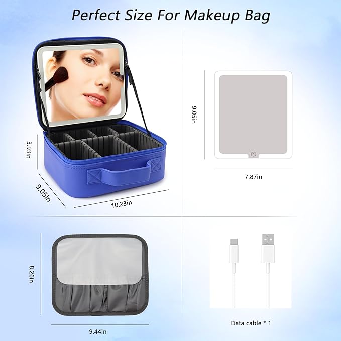 Travel Makeup Bag with LED Mirror Travel Makeup Organizer with 3 Lighted Settings, Adjustable Dividers and Makeup Brush Storage Bag Dark Blue