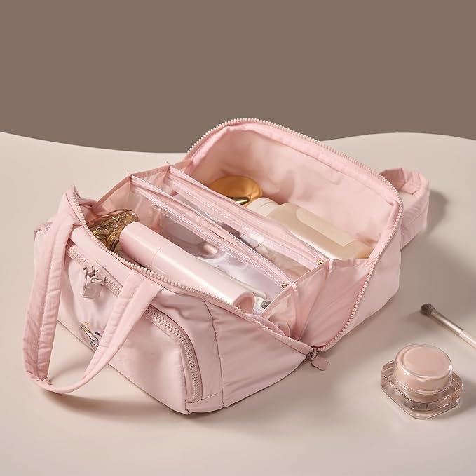 Makeup bag, Large Capacity Cosmetic Bag for Women, Portable Wide-open Toiletry Bag, Travel Makeup Bag with TPU Compartments for Accessories, Essentials, Toiletries, Makeup Brush Bag, Pink