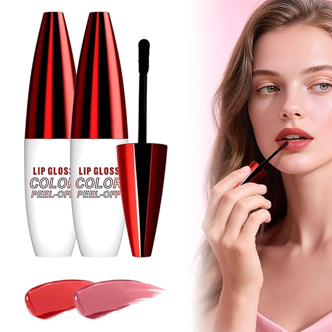 2 Pcs 4 Color Lip Gloss Peel Off, 2025 New Easy to Color Peel Off Lips Stain, Long Lasting Lip Tint, Nonstick Lip Gloss for Women (03Classic Red+04Light Pink)