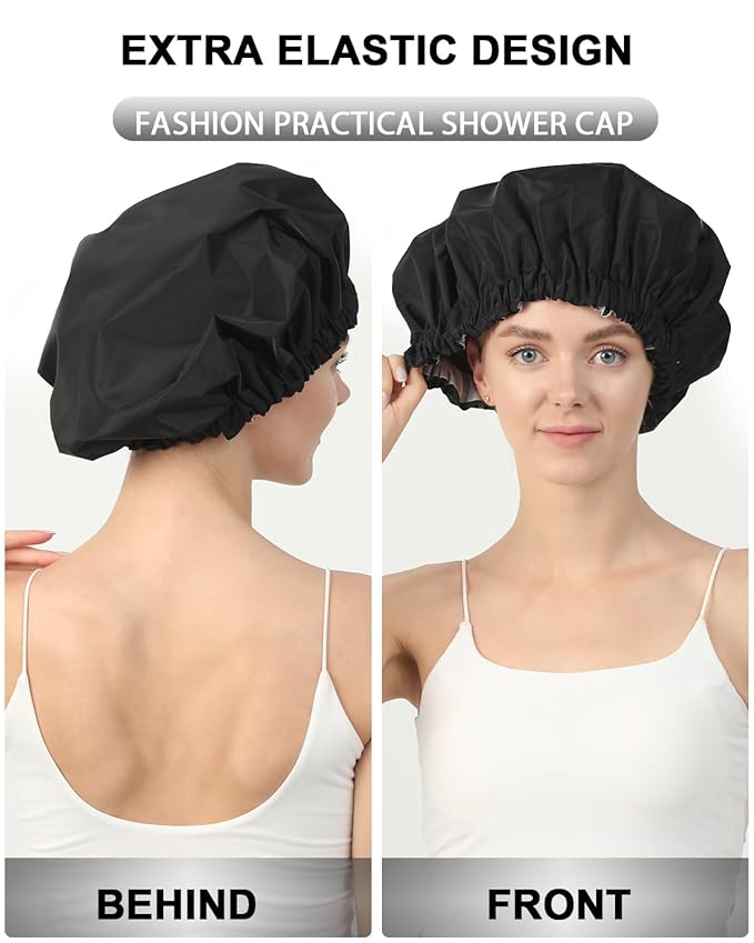 YIZIJIZI Shower Cap,Shower Caps for Women Reusable Waterproof,Two Layer Large Shower Caps Reusable Suitable for All Types of Straight Hair, Curly Hair, Long Hair,Braids (black)