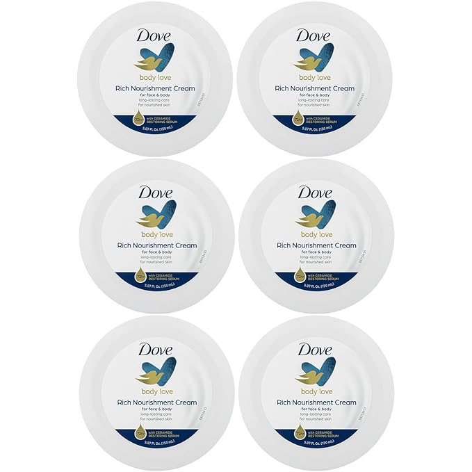Dove Body Love Rich Nourishment Cream, Face, Hand & Body Lotion for Extremely Dry Skin, Fast-Absorbing 72-Hour Moisturizing Cream with Ceramide Serum, 5.07 Fl Oz (Pack of 6)