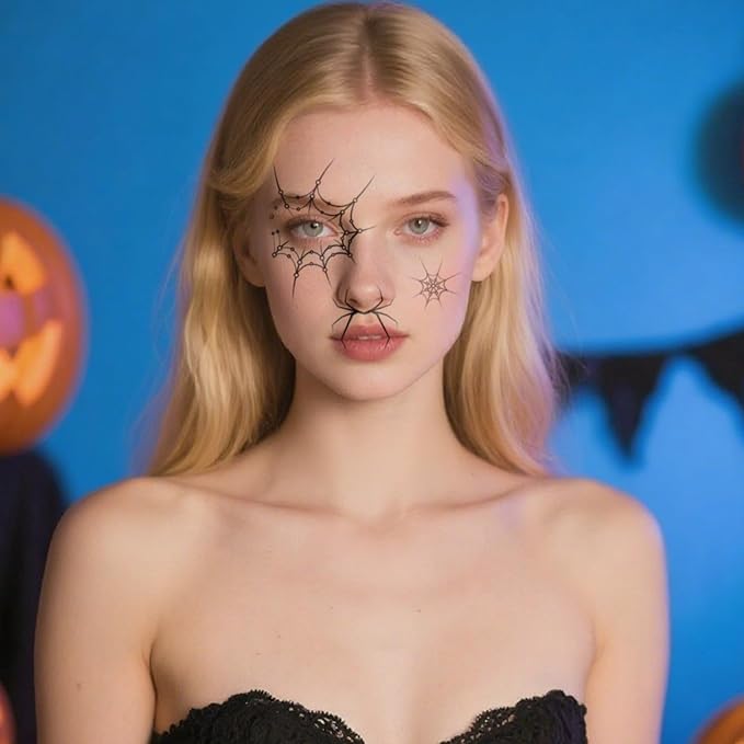 Halloween Temporary Face Tattoos, Temporary Tattoos Stickers,Temporary Makeup Tattoos with Spiderweb & Spider Design, Face Tattoo Sticker Art for Halloween, Adults, Kids 8Pcs