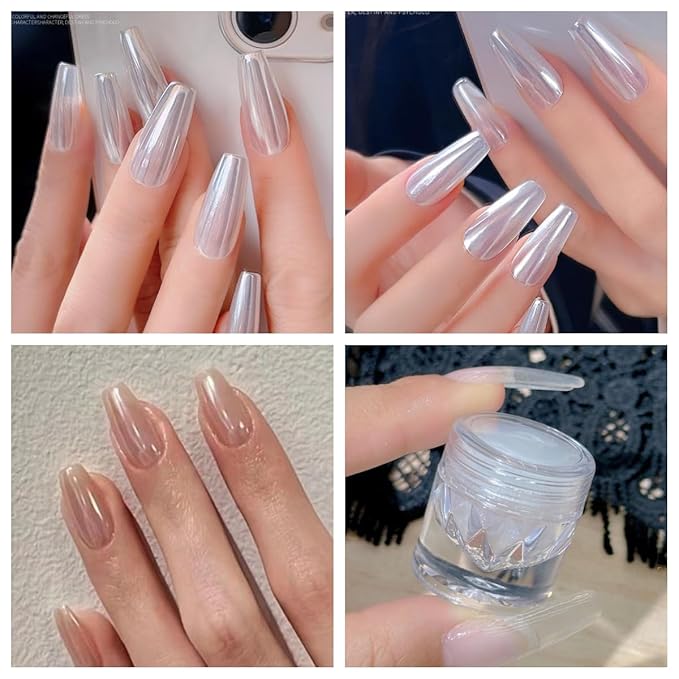 Super Glossy Mirror Effect White Pearl Chrome Nail Powder, Magic White Moonlight Effect Iridescent Pigment Powder for Nails