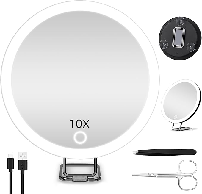 10X Magnifying Mirror with Lights, 6inch Makeup Magnifying Mirror 10X Lighted Magnification with Adjustable Stand & 3 Suction Cups - for Detailed Makeup,Shaving,Blackhead Blemish Removal
