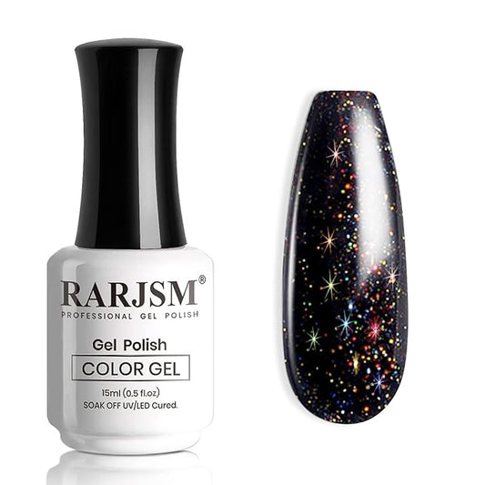 RARJSM Gel Nail Polish Black Glitter Sparkly Chunky Iridescent Rainbow Shimmer Pigments Nail Gel Polish Soak off Led UV Curing Required for Nail Art Salon Manicure 15ml Fall Winter Christmas