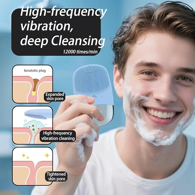 Facial Cleansing Brush, 3-in-1 Electric Silicone Face Scrubber, Vibrating Massager, IPX7 Waterproof, USB Rechargeble Pore Brush for Deep Cleanning, Blackhead Remover, Exfoliating (Blue)