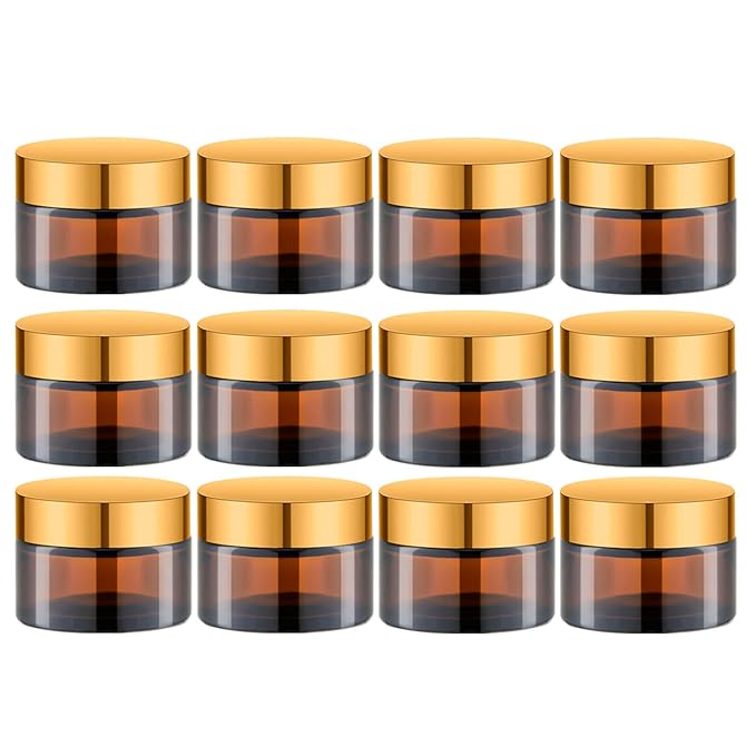 1 Oz Amber Round Glass Jars with Inner Liners and Gold Lids(12PCS) Empty Cream Containers Refillable Cosmetic Vials for Cosmetics, Lotions, Ointment, Body Scrubs & Balms