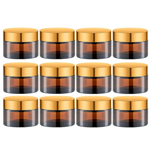 1 Oz Amber Round Glass Jars with Inner Liners and Gold Lids(12PCS) Empty Cream Containers Refillable Cosmetic Vials for Cosmetics, Lotions, Ointment, Body Scrubs & Balms