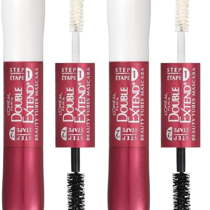 L'Oreal Paris Makeup Double Extend Tubing Mascara, Lengthening 2 Step Mascara, Smudgeproof, Blackest Black, Pack of 2