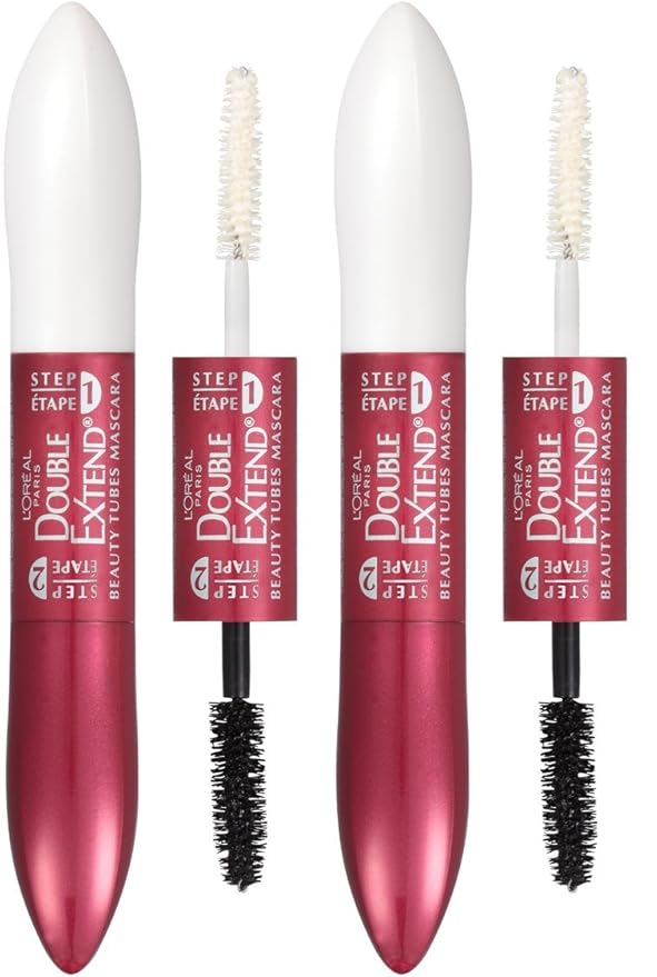 L'Oreal Paris Makeup Double Extend Tubing Mascara, Lengthening 2 Step Mascara, Smudgeproof, Blackest Black, Pack of 2