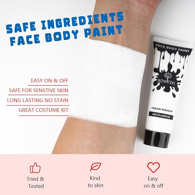 Bowitzki Face and Body Paint 2oz Cream Makeup 60ml Water Based Face Painting Special Effects For Adults Children Kids Halloween Christmas Party Stage Cosplay (White)