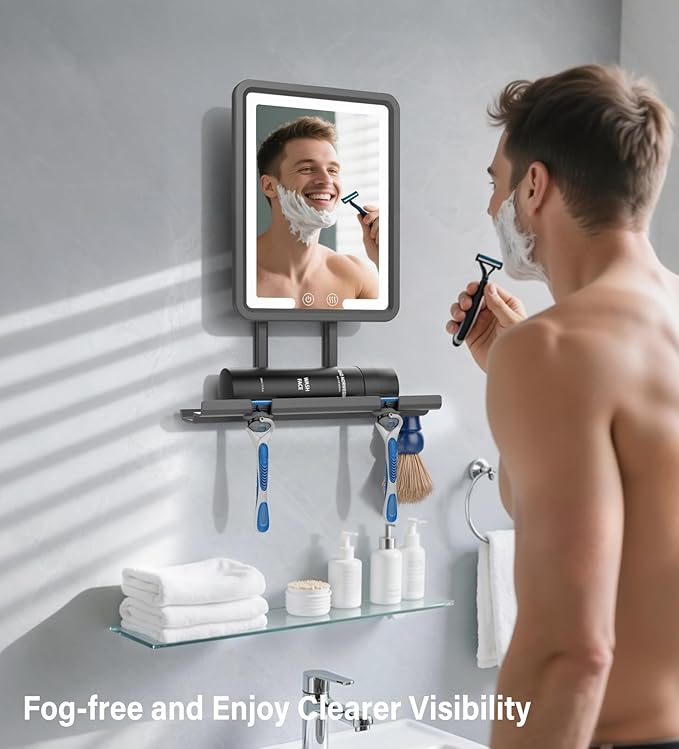 Shinowa Heated Shower Mirror Fogless for Shaving, 360° Adjustable Lighted Shower Mirror with 3 Color Modes, Rechargeable Anti Fog Shower Shaving Mirror with Large Storage Tray & Razor Holder, Black