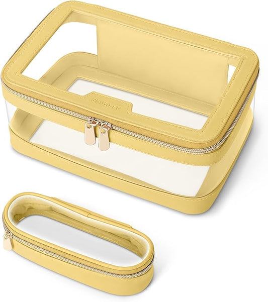 Travel Clear Makeup Bag with Makeup Brush Bag, Leather Makeup Case Toiletry Bag, Portable Cosmetic Bag Case, Transparent Waterproof Cosmetic Organizer Storage Bag for Women, Yellow