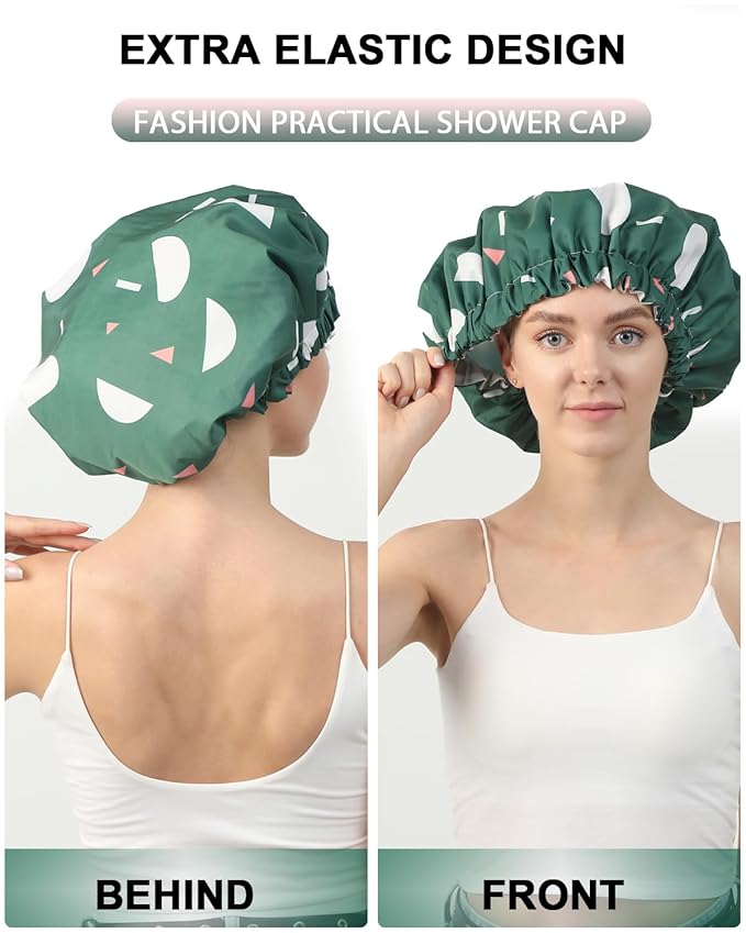 YIZIJIZI Shower Cap,Shower Caps for Women Reusable Waterproof,Two Layer Large Shower Caps Reusable Suitable for All Types of Straight Hair, Curly Hair, Long Hair,Braids (green)