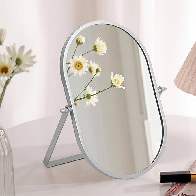 Bathroom Rectangle Desktop Makeup Mirror with Silver Metal Standing 180° Rotation Vanity Table Mirror Portable Cosmetic Mirror for Dressing Room Bedroom