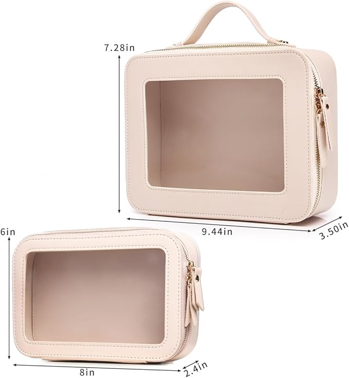 Pinkmik Clear Makeup Bag for Women Waterproof Travel Cosmetics and Toiletries Case Portable Makeup Oaganizer Bag Clear Car Bag with Zipper (Beige, M+L-1)