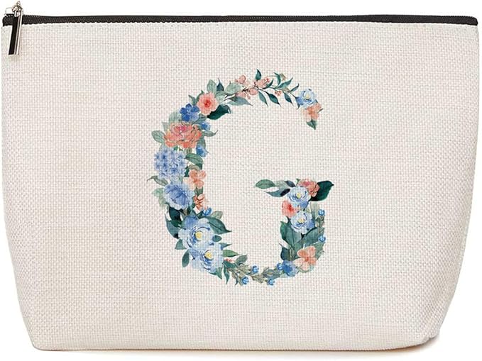 Lovdazzles Initial Makeup Bag Monogrammed Travel Toiletry Bag Monogram Cosmetic Bag Birthday Christmas Bridal Shower Bridesmaid Gifts Personalized Gifts for Women Bride Teacher Mom, Floral Letter G