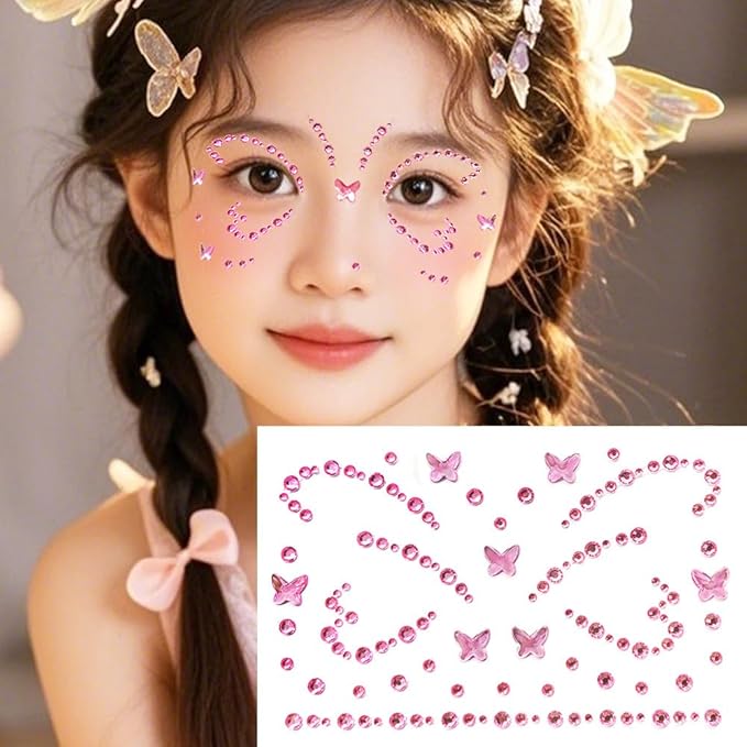 Crystal Butterfly Face Gems Pink Face Jewels Fake Butterfly Gems Tattoo Stick on Eye for Men Women Kids Halloween Prank Makeup Costume，2-Pack