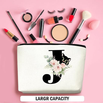 Floral Cat Initial Makeup Bag, Personalized Skin Care Bag, Travel Organizer Toiletry Bags for Women Mom Friends, Cosmetic Bags Makeup Pouch with Zipper, Letter J