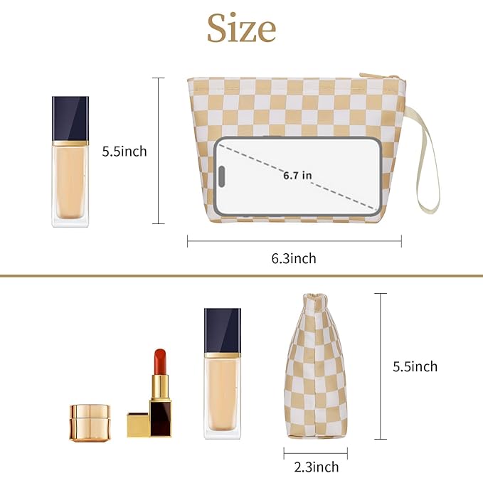 Ethereal Small Makeup Bag, Checked Travel Makeup Bag with Makeup Brush Holder, Cosmetic Bag Black Make up Pouch for Women/Girls