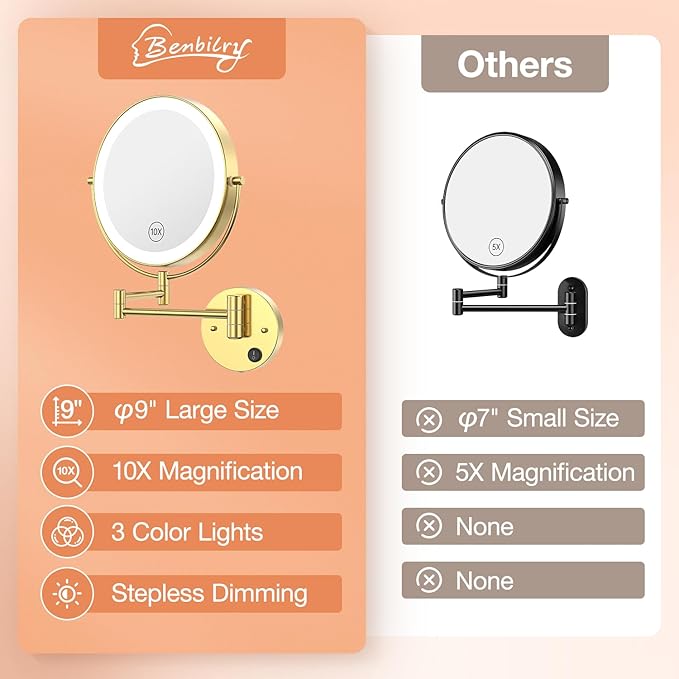 Benbilry 9" Large Wall Mounted Lighted Makeup Mirror, 1X/10X Magnifying 2-Sided AC Plug-in Powered Bathroom Mirror with 3 Color Lights, Touch Dimmable, Extended Arm 360° Rotation, Gold