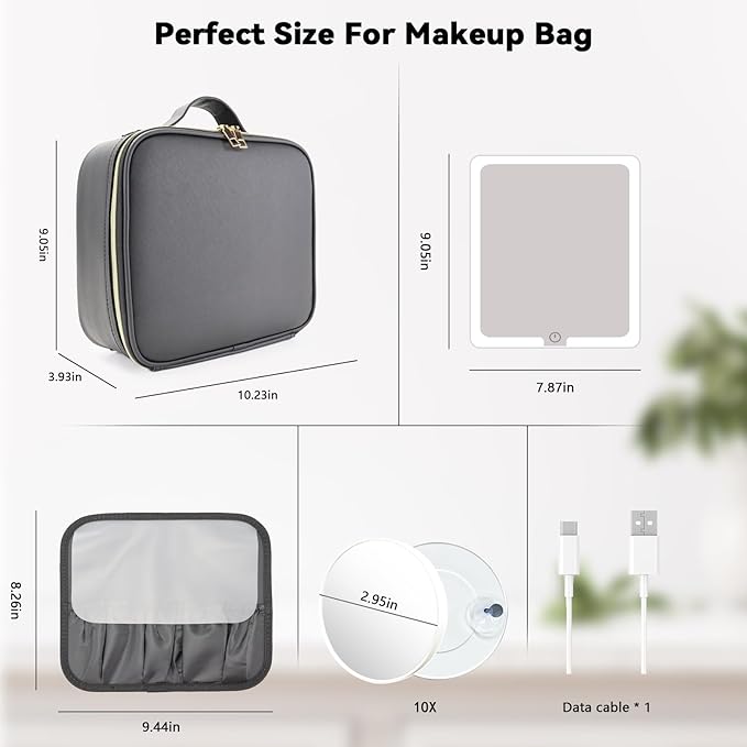 Travel Makeup Bag with LED Mirror and 10x magnifying glass with 3 Lighted Settings, Adjustable Dividers and Makeup Brush Storage Bag Black