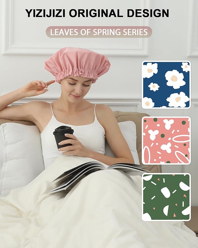 YIZIJIZI Shower Cap,Shower Caps for Women Reusable Waterproof,Two Layer Large Shower Caps Reusable Suitable for All Types of Straight Hair, Curly Hair, Long Hair,Braids (pink)