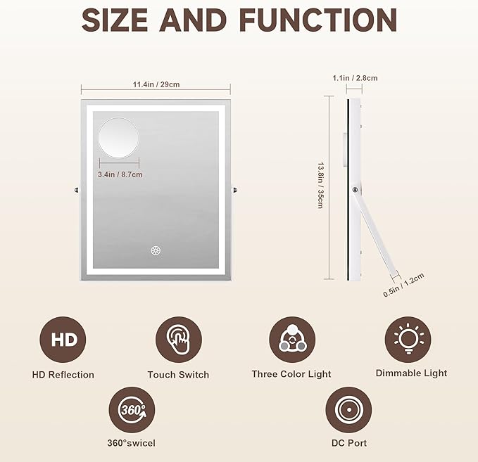 MINISO Vanity Mirror with Lights, 11.4" x 13.8" LED Makeup Mirror, Light & Brightness Adjustment, Smart Sensor, 360°Rotation, Aluminum Alloy Metal White Frame, with 5X Magnifying Glass