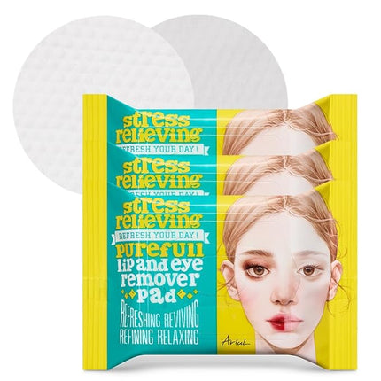 Ariul Stress Relieving Purefull Lip & Eye Remover Pads – Gently Removes Stubborn Makeup, Hydrating & Soothing Formula, Korean Skincare with Natural Ingredients, 90 Count (30 Pads x 3 Packs)