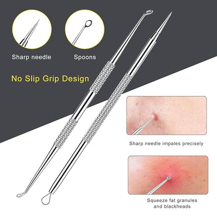 Pimple Popper Tool Kit - Boxoyx 10 Pcs Blackhead Remover Comedone Extractor Kit with Metal Case for Quick and Easy Removal of Pimples, Blackheads, Zit Removing, Forehead,Facial and Nose(All Silver)