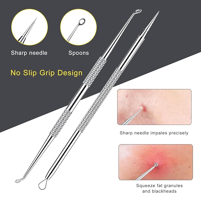 Pimple Popper Tool Kit - Boxoyx 10 Pcs Blackhead Remover Comedone Extractor Kit with Metal Case for Quick and Easy Removal of Pimples, Blackheads, Zit Removing, Forehead,Facial and Nose(All Silver)