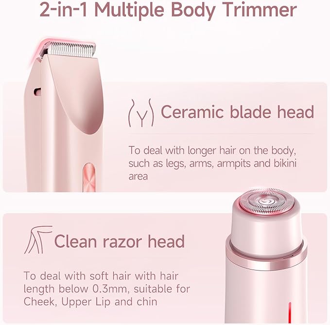 Bikini Trimmer for Women Electric Razors for Women, Double Head Dual Purpose, IPX7 Waterproof Hair Razor, Ceramic Blade Hair Trimmer Wet & Dry Use, Painless Electric Shaver for Facial and Body（Pink）