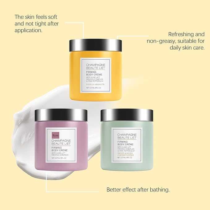 Champagne Lift Body Creme, Firming Complex and Pink Pepperslim Skin Moisturizer Tightens Hydrates Dry Skin Arms & Legs. (Sweet Almond Coconut)