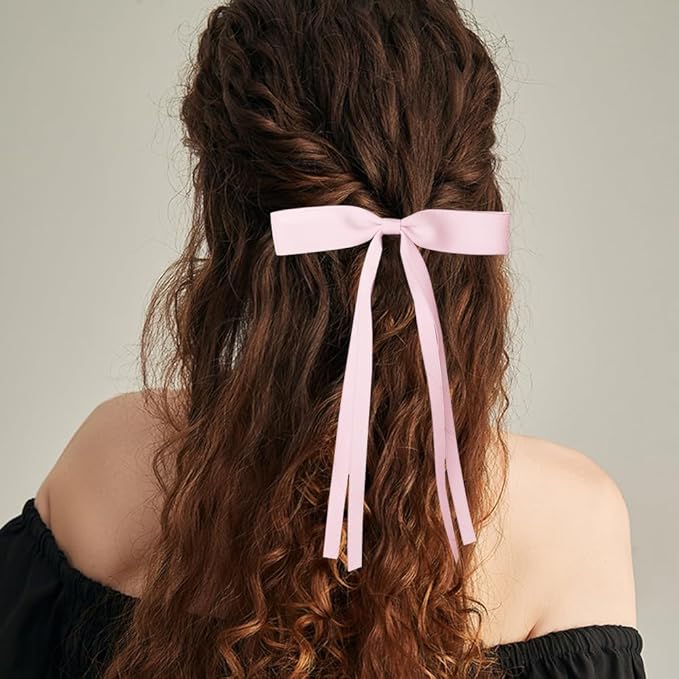 4 PCS Tassel Ribbon Bowknot Hair Clips With Long Tail for Women Girl Teens Kids, Solid Holder Fashion Bow Bowknot Hair Accessories Headwear Barrettes Claw(Pink&White)