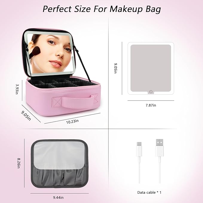 Travel Makeup Bag with LED Mirror Travel Makeup Organizer with 3 Lighted Settings, Adjustable Dividers and Makeup Brush Storage Bag Light Pink