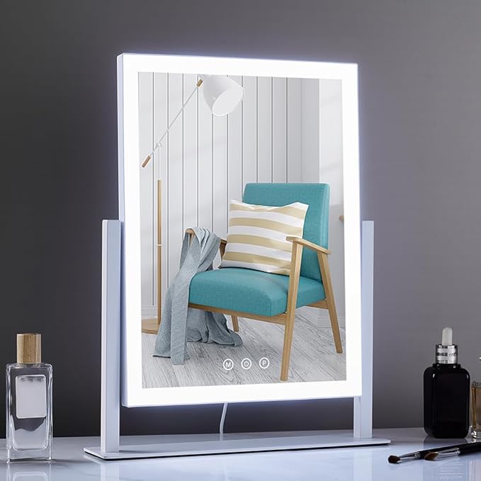 HIEEY Lighted Makeup Mirror, Hollywood Vanity Mirror with Lights, Three Color Lighting Modes, and 5X Magnification Mirror, Smart Touch Control, 360°Rotation (17.3in,White,Gift Box)