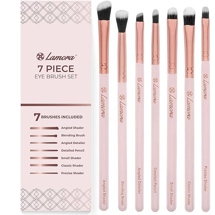 Lamora Eyeshadow Brush Set - Precision Eyeshadow Brushes For Blending Smudging Shading Defining Powdered and Liquid Eye Make-Up - 7Pc Pro Eye Makeup Brushes With Vegan Bristles