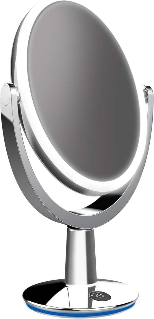 Superstar Oval Shaped Dual-Sided Lighted Makeup Mirror, 1X/5X Magnifying Vanity Makeup Mirror, 360 Degree Rotating Adjustable Brightness Mirror, Brushed Nickel
