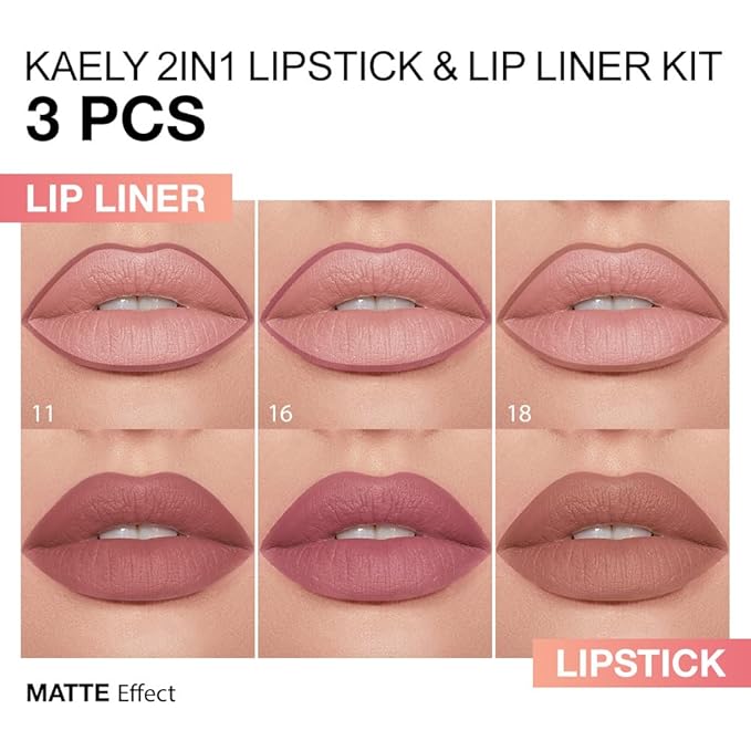 Kaely 3Pcs Gradient Matte Lipstick Lip Liner Pencil Set for Women, 2in1 Flawless Contour Gradual Ombre Effect Lip Pencil Makeup Waterproof, labiales mate 24 horas originales, 11+16+18