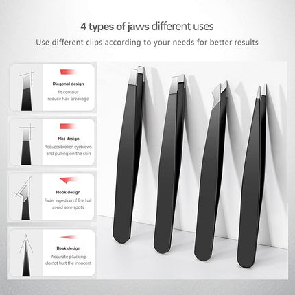 Tweezers Set, High Precision Stainless Steel Eyebrow Tweezers for Facial Hair, Inward Growing Hair and Splinter Remover Kit, Suitable for Women and Men, 4-Piece Set. (Black)