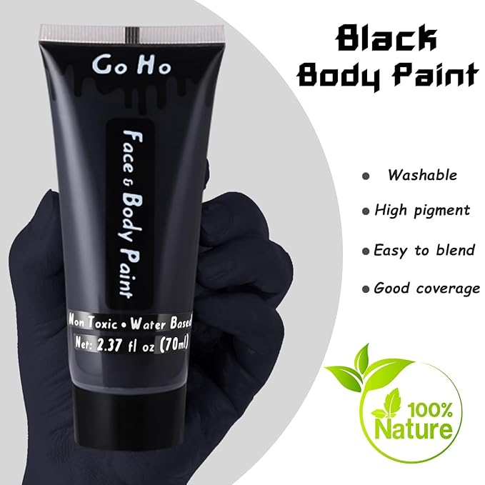 Go Ho Black Face Body Paint Washable(2.37oz/pc),Water Based Cream Face Paint,Skull Skeleton Zombie Clown Makeup,Black Body Paint for SFX Cosplay Costumes Festivals Halloween Makeup