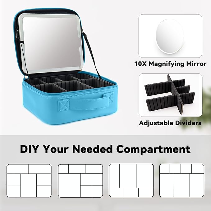 Travel Makeup Bag with LED Mirror and 10x magnifying glass with 3 Lighted Settings, Adjustable Dividers and Makeup Brush Storage Bag Blue