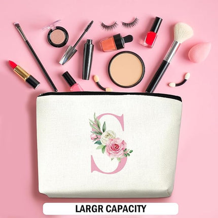 Pink Monogram Makeup Bag, Initial S, Cosmetic Bag Personalized Travel Organizer Bags Makeup Pouch, Monogrammed Gifts for Women Girls Friend Sisters Employee Bridesmaid Wedding Bridal Shower Gifts