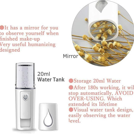 Portable Nano Facial Mister Mini Facial Steamer Atomization Eyelash Extensions with Mirror & 20ml Visual Water Tank (White)