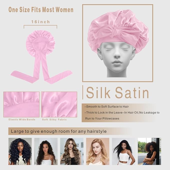 Silk Bonnet for Sleeping Women, Ajustable Hair Bonnet for Curly Hair with Tie Band Shower Caps Pink，Large