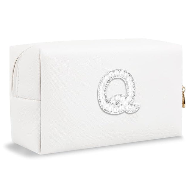 Bride Gifts – Personalized Initial Makeup Bag with Pearl Rhinestone Patch, Preppy White Monogram Cosmetic/Toiletry Pouch, bridesmaid Gifts, Bridal Shower Gifts, Wedding Gifts, Bridal Gifts,Q